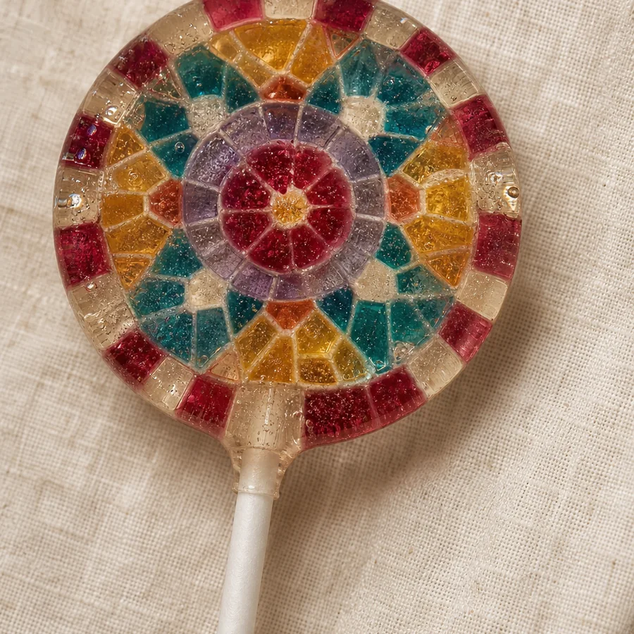 Enigma Tessera Lollipop: intricate mosaic lollipop combining berry, violet, golden marigold, teal, and ivory sugar tiles on a white stick.