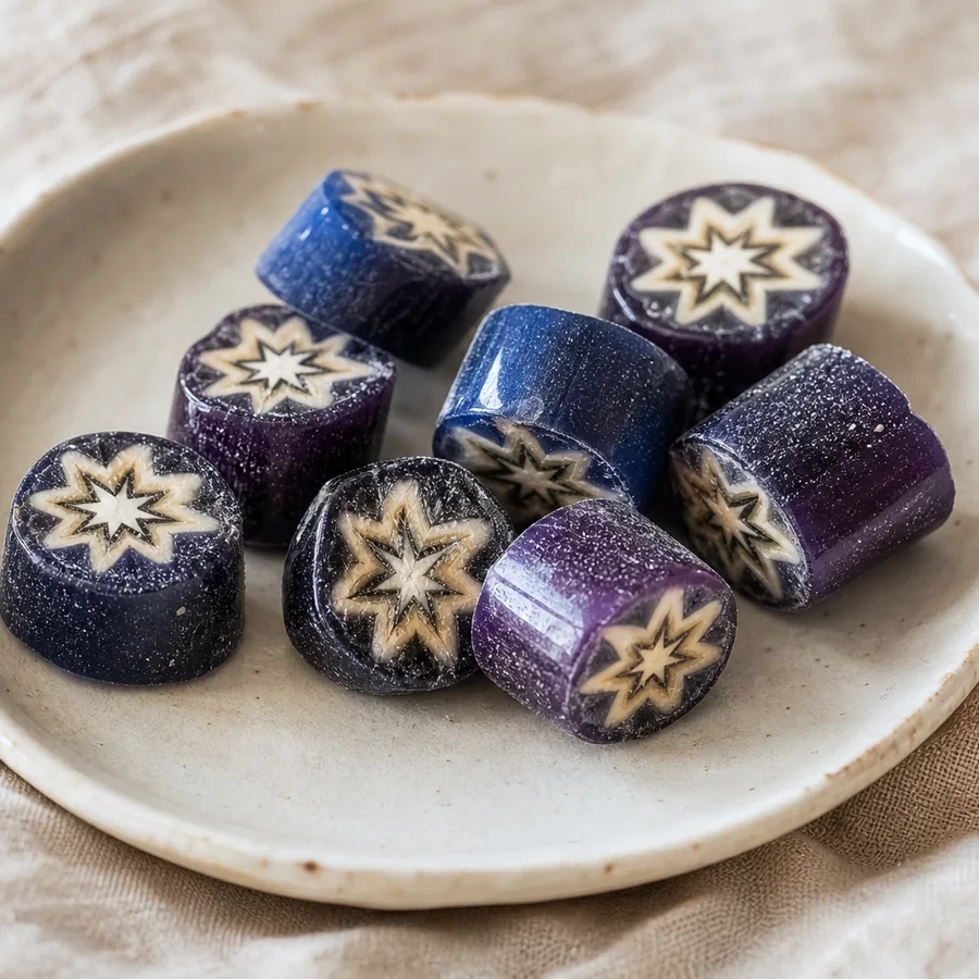 Nocturne Starlight Drops: bite-sized dark blue and amethyst cut-rock hard candies displaying crisp hand-built cream star patterns in each piece.
