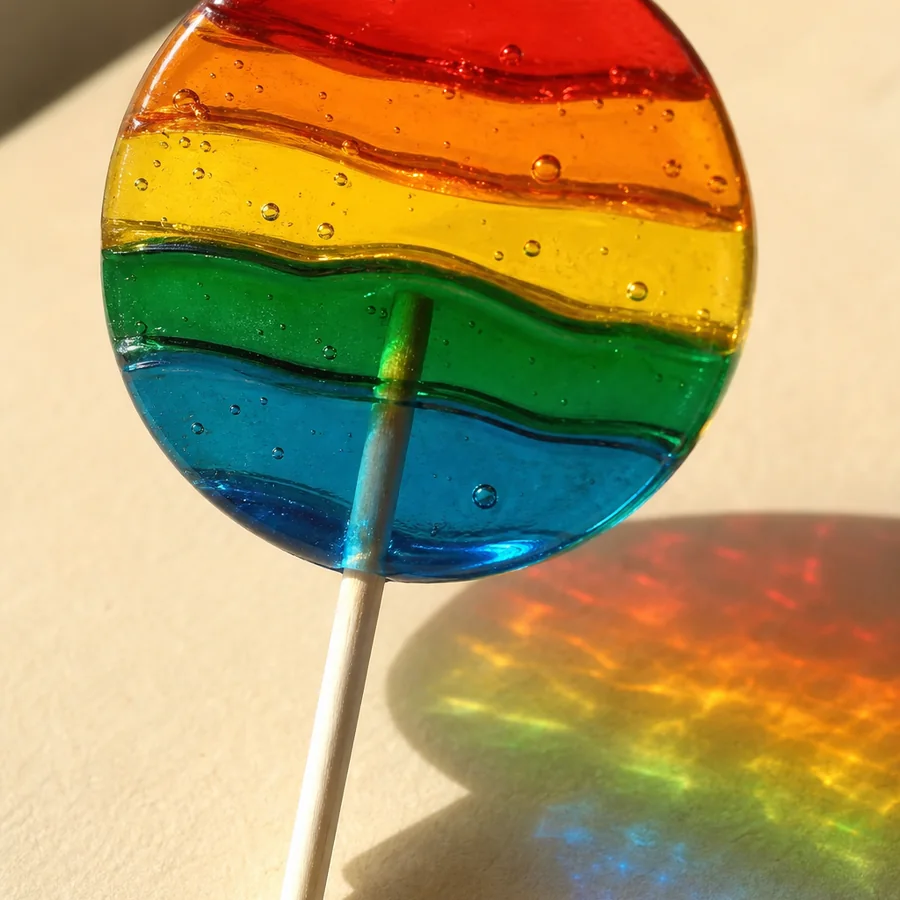 Spectrum Prism Lollipop: round translucent lollipop formed from distinct bands of ruby, orange, golden yellow, emerald green, and sapphire blue sugar casting a colorful shadow.