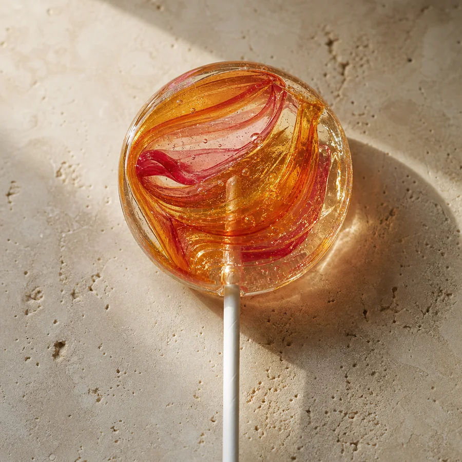 Sundown Ribbon Lollipop: translucent round hard candy pop holding flowing ribbons of burnt orange, warm coral, rose pink, and golden yellow sugar.