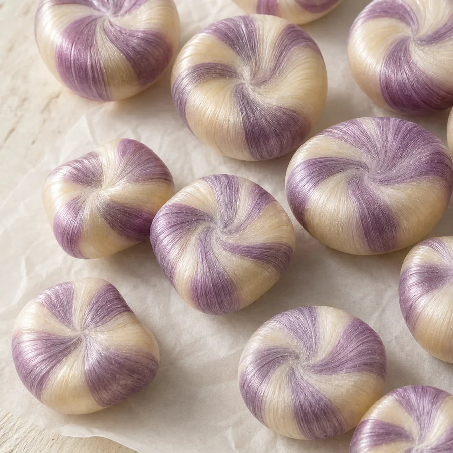 Velvet Dusk Spirals: satin-sheen purple and warm cream pulled-sugar spiral candies resting on parchment paper.